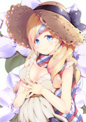 Rule 34 | 1girl, anchor hair ornament, bare arms, bare shoulders, black bow, blue eyes, blue hair, blush, bow, breasts, brown hat, cleavage, closed mouth, commandant teste (kancolle), dress, fingers together, floral background, frilled dress, frills, hair ornament, hairclip, hat, hat bow, kantai collection, looking at viewer, medium breasts, multicolored clothes, multicolored hair, multicolored scarf, own hands together, red hair, scarf, shiratsuyu natsume, sleeveless, sleeveless dress, smile, solo, straw hat, swept bangs, tareme, upper body, white dress, white hair