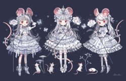 Rule 34 | 3girls, animal, animal ears, black background, bow, bug, butterfly, dress, earrings, flower, frilled dress, frilled skirt, frills, full body, gloves, grey bow, grey footwear, grey gloves, grey legwear, grey skirt, hair bow, hair ornament, hand up, highres, holding, holding flower, insect, jewelry, juliet sleeves, leaf, long hair, long sleeves, looking at viewer, midriff, mouse ears, mouse girl, mouse tail, multiple girls, mushroom, original, plant, print bow, puffy sleeves, red eyes, shirosaki london, shoes, simple background, skirt, socks, standing, tail, tail bow, tail ornament, twintails, white flower, white hair