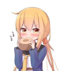Rule 34 | 1girl, baumkuchen, black sailor collar, blonde hair, blue jacket, cake, commentary request, cowboy shot, crescent, eating, food, jacket, kantai collection, long hair, necktie, nepty (silkey vod), sailor collar, satsuki (kancolle), satsuki kai ni (kancolle), shirt, simple background, solo, twintails, upper body, white background, white shirt, yellow necktie