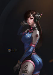 Rule 34 | 1girl, absurdres, artist name, ass, bad id, bad pixiv id, black background, bodysuit, breasts, brown eyes, brown hair, closed mouth, clothes writing, cowboy shot, d.va (overwatch), facial mark, gloves, hand on headphones, hand up, headphones, highres, jovizoo, long hair, looking at viewer, medium breasts, overwatch, overwatch 1, smile, solo, swept bangs, whisker markings, white gloves
