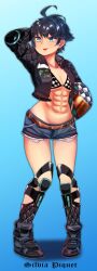 Rule 34 | 1girl, abs, ahoge, arm behind head, belt, bikini, bikini top only, black footwear, black jacket, black survival, blue background, blue eyes, blue shorts, blush, boots, breasts, brown belt, character name, character print, closed mouth, commentary request, cropped jacket, earrings, elbow pads, exposed pocket, full body, highres, jacket, jewelry, kurodani yamame, long sleeves, looking afar, midriff, muscular, muscular female, navel, open clothes, open jacket, pigeon-toed, racing suit, rinyamame, short hair, short shorts, shorts, silvia piquet, small breasts, smile, solo, standing, stud earrings, swimsuit, tongue, tongue out, touhou