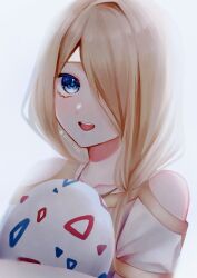 Rule 34 | 1boy, artist name, blonde hair, blue eyes, blush, creatures (company), egg, game freak, hair over one eye, hair over shoulder, highres, holding, holding egg, jewelry, long hair, looking at viewer, low ponytail, necklace, nintendo, off-shoulder shirt, off shoulder, open mouth, pokemon, pokemon legends: arceus, roro 0818, shirt, smile, solo, togepi egg, volo (pokemon)