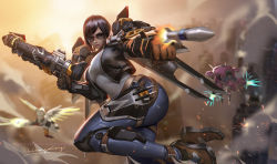 Rule 34 | 3girls, aiming, aiming at viewer, alternate costume, aviator sunglasses, black hair, black jacket, blurry, blurry background, clenched hand, d.va (overwatch), dark-skinned female, dark skin, denim, facial tattoo, flying, highres, jacket, jeans, liang xing, mechanical wings, meka (overwatch), mercy (overwatch), midair, multiple girls, official alternate costume, overwatch, overwatch 1, pants, pharah (overwatch), rocket, rocket launcher, short hair, solo focus, sunglasses, tattoo, tinted eyewear, weapon, wings