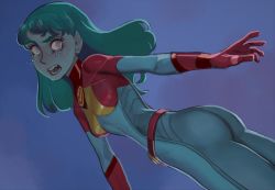 Rule 34 | 1girl, ass, blue eyes, blue hair, blue skin, bodysuit, breasts, colored sclera, colored skin, crying, from behind, gloves, highres, long hair, looking at viewer, looking back, mossacannibalis, open mouth, pink sclera, planetina (rick and morty), red gloves, rick and morty, small breasts, solo, symbol-shaped pupils, wide-eyed