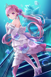 Rule 34 | 1girl, absurdres, air bubble, bare shoulders, blue hair, bow, braid, breasts, bubble, commentary, dress, elbow gloves, english commentary, escalator, from side, gloves, hair bow, hand up, high heels, highres, hilamaru, hololive, long hair, looking at viewer, looking to the side, medium breasts, minato aqua, minato aqua (aqua iro super dream), multicolored hair, parted lips, pink hair, purple bow, purple eyes, shoe soles, solo, standing, strapless, strapless dress, streaked hair, tiara, twintails, two-tone hair, underwater, very long hair, virtual youtuber, water, white dress, white footwear, white gloves