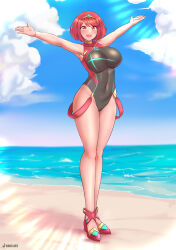 Rule 34 | beach, blush, breasts, highres, kaos art, large breasts, one-piece swimsuit, open mouth, pyra (pro swimmer) (xenoblade), pyra (xenoblade), red eyes, red hair, short hair, smile, swimsuit, xenoblade chronicles (series), xenoblade chronicles 2