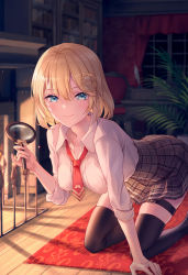 Rule 34 | 1girl, blonde hair, blue eyes, book, bookshelf, chair, curtains, fireplace, hair ornament, high-waist skirt, highres, hololive, hololive english, kirahana0715, kneeling, looking at viewer, magnifying glass, necktie, plaid, plaid skirt, plant, quill, rug, skirt, sleeves rolled up, smile, solo, thigh strap, thighhighs, unbuttoned, unbuttoned shirt, virtual youtuber, watson amelia, watson amelia (1st costume), window, zettai ryouiki