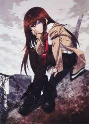 Rule 34 | 1girl, 5pb., absurdres, ankle boots, belt, black pantyhose, blue eyes, boots, brown hair, hand on own cheek, hand on own face, head rest, highres, jacket, kuuchuu yousai, pantyhose under shorts, long hair, looking at viewer, makise kurisu, necktie, pantyhose, phantom breaker, red necktie, shorts, steins;gate