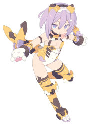 Rule 34 | 1girl, animal hands, bare shoulders, blade (galaxist), commentary request, copyright request, covered navel, full body, gloves, hair between eyes, hair ornament, headgear, highres, leotard, looking at viewer, parted lips, paw gloves, purple eyes, purple hair, short eyebrows, simple background, solo, standing, standing on one leg, star (symbol), star hair ornament, thick eyebrows, thighhighs, white background, white gloves, white leotard, yellow thighhighs