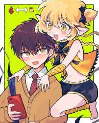 1boy 1girl alternate_species barefoot blonde_hair blush border bow brown_hair child cosplay costume_switch fong_pudding holding holding_phone midriff navel necktie nuka_(nukamochi) phone pointy_ears shorts smile species_switch tart_(tokyo_mew_mew) tart_(tokyo_mew_mew)_(cosplay) tokyo_mew_mew vest white_border yellow_eyes