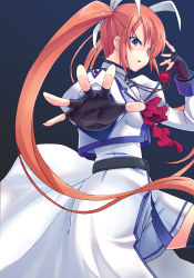 Rule 34 | 00s, 1girl, black gloves, blue eyes, blush, bow, bowtie, fingerless gloves, gin (ginshari), gloves, jewelry, looking at viewer, lyrical nanoha, magical girl, mahou shoujo lyrical nanoha, mahou shoujo lyrical nanoha strikers, necklace, outstretched arm, outstretched hand, pov, purple eyes, raising heart, red bow, red bowtie, red hair, solo, spread fingers, takamachi nanoha, thighhighs, twintails, uniform, waist cape, white devil
