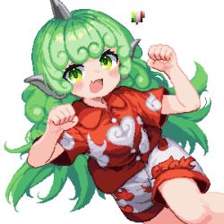 Rule 34 | 1girl, 999 (hansode), :d, cloud print, color guide, commentary request, curly hair, feet out of frame, green eyes, green hair, hands up, highres, horns, kariyushi shirt, komainu ears, komano aunn, long hair, looking at viewer, open mouth, paw pose, pixel art, red shirt, red shorts, shirt, short sleeves, shorts, simple background, single horn, smile, solo, touhou, two-tone shirt, two-tone shorts, very long hair, white background, white shirt, white shorts