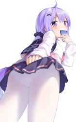 Rule 34 | 1girl, ahoge, azur lane, backpack, bad id, bad pixiv id, bag, blush, cardigan, cellphone, commentary, copiz, from behind, from below, hair between eyes, hair ornament, hair scrunchie, highres, holding, holding phone, long hair, long sleeves, looking at viewer, panties, panties under pantyhose, pantyhose, pantyshot, phone, purple eyes, purple hair, scrunchie, simple background, skirt, smartphone, solo, standing, underwear, unicorn (long-awaited date) (azur lane), unicorn (azur lane), very long hair, white background, white pantyhose, x hair ornament