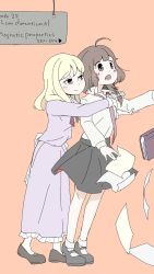 Rule 34 | 2girls, :o, ahoge, black skirt, blonde hair, book, bow, brown eyes, brown hair, closed mouth, collar, commentary request, dress, dress shirt, frills, grey bow, hair bow, highres, hug, hug from behind, library, long hair, maribel hearn, mary janes, medium hair, multiple girls, necktie, nemuindaze, open mouth, orange background, papers, purple dress, red ribbon, ribbon, shirt, shoes, simple background, skirt, smile, socks, standing, surprised, tagme, tiptoes, touhou, usami renko, white collar, white shirt