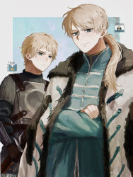 2boys armor black_gloves blonde_hair blue_coat blue_eyes braid closed_mouth coat coat_on_shoulders cowboy_shot crossed_arms fur-trimmed_coat fur_trim gloves highres holding holding_sword holding_weapon long_hair low_ponytail multiple_boys original personification russian_clothes saboten92 sword weapon white_coat