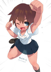 Rule 34 | 1girl, ario, arm up, black legwear, blue eyes, blush, brown hair, dark-skinned female, dark skin, emphasis lines, loafers, looking at viewer, one eye closed, original, see-through, see-through silhouette, shoes, short hair, simple background, skirt, smile, solo, sweat, translation request