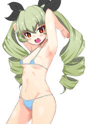 Rule 34 | 1girl, anchovy (girls und panzer), armpits, arms behind head, arms up, bikini, black ribbon, blue bikini, breasts, commentary, cowboy shot, drill hair, girls und panzer, green hair, groin, hair ribbon, halterneck, long hair, looking at viewer, micro bikini, monomono, navel, open mouth, red eyes, ribbon, simple background, small breasts, smile, solo, standing, swimsuit, thong, thong bikini, twin drills, twintails, very long hair, white background