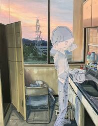 Rule 34 | 1other, apron, bottle, chair, door, electric kettle, faucet, foot out of frame, highres, holding kettle, indoors, kettle, open door, orange sky, original, pants, papercraft, power lines, sandals, scenery, sink, sky, solo, standing, swept bangs, tile floor, tiles, tokunaga aoi, transmission tower, twilight, window