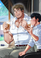 Rule 34 | 2boys, absurdres, age difference, bara, beard stubble, black hair, blush, chabashira tatsukichi, collared shirt, cup, dark-skinned male, dark skin, drinking, facial hair, feet out of frame, from side, glasses, highres, holding, holding cup, huge eyebrows, huge pectorals, jewelry, large hands, looking at another, male focus, mature male, multiple boys, muscular, muscular male, original, outline, pectoral cleavage, pectorals, profile, ring, shirt, short hair, side-by-side, sideburns, sparse chest hair, standing, stubble, summer, sweat, tight clothes, tight shirt, towel, towel around neck, very sweaty, wedding ring, white outline