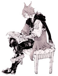 Rule 34 | 1boy, animal ears, black footwear, black pants, black scarf, book on lap, boots, braid, braided ponytail, brown hair, cat boy, cat ears, cat tail, commentary, crossed legs, elbow gloves, facial mark, final fantasy, final fantasy xiv, fingerless gloves, from side, full body, g&#039;raha tia, gloves, hair ornament, hatching (texture), highres, itowo (itowc), jacket, knee boots, low ponytail, male focus, miqo&#039;te, monochrome, neck tattoo, on chair, pants, profile, reading, scarf, sepia, short hair, short ponytail, shoulder belt, simple background, single braid, sitting, solo, tail, tattoo, white background, x hair ornament