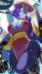Rule 34 | 1girl, blue skin, blush, breasts, chinese clothes, claw (weapon), claws, cleavage, cleavage cutout, clothing cutout, colored skin, dress, hair between eyes, hat, highres, jiangshi, kashu (hizake), large breasts, lei lei, long sleeves, looking at viewer, ofuda, orange eyes, pants, pelvic curtain, pink dress, pink hat, purple hair, purple pants, qingdai guanmao, short hair, smile, solo, talisman, vampire (game), weapon