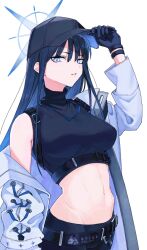 Rule 34 | 1girl, ayatama, bare shoulders, baseball cap, belt, black belt, black gloves, black hair, black hat, black pants, black shirt, blue archive, blue eyes, breasts, buckle, chest harness, coat, commentary request, cowboy shot, crop top, gloves, groin, halo, hand up, harness, hat, long hair, looking at viewer, medium breasts, midriff, navel, no mask, off shoulder, pants, parted lips, partial commentary, saori (blue archive), shirt, simple background, sleeveless, sleeveless shirt, snap-fit buckle, solo, standing, underbust, white background, white coat