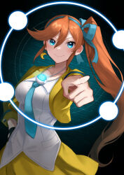 Rule 34 | 1girl, ace attorney, athena cykes, blue eyes, blue necktie, blue ribbon, closed mouth, crescent, crescent earrings, earrings, gumi (gelatin), hair ribbon, hand on own hip, highres, jacket, jewelry, long hair, long sleeves, looking at viewer, necklace, necktie, open clothes, open jacket, orange hair, pointing, pointing at viewer, ribbon, shirt, side ponytail, single earring, skirt, smile, solo, swept bangs, upper body, white shirt, yellow jacket, yellow skirt