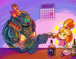 Rule 34 | 1boy, 1girl, alcohol, alternate costume, animal, animal crossing, armor, artist request, bottle, calendar, cheering, closed eyes, crossover, daisy (doom), doom (series), doomguy, gauntlets, glass, gloves, hand on own hip, helmet, highres, isabelle (animal crossing), muscular, muscular male, nintendo, pink shirt, purple background, rabbit, shirt, simple background, star (symbol), sweat, table, tequila, veins, whisky