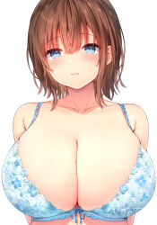 Rule 34 | 1girl, bare shoulders, blue bra, blue eyes, blush, bra, breasts, brown hair, cleavage, closed mouth, collarbone, commentary request, flower trim, highres, huge breasts, looking at viewer, original, short hair, simple background, solo, sune (mugendai), underwear, underwear only, upper body, white background