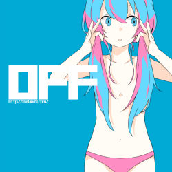 Rule 34 | 1girl, 456 (456log), bad id, bad pixiv id, blue background, blue eyes, blue hair, bunching hair, collarbone, flat color, hair censor, hatsune miku, long hair, matching hair/eyes, navel, open mouth, panties, panties only, simple background, solo, topless, twintails, underwear, underwear only, vocaloid, watermark, web address