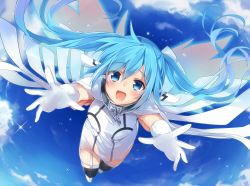 Rule 34 | 1girl, :d, bad id, bad pixiv id, blue eyes, blue hair, blush, breasts, cloud, collar, day, flying, gloves, long hair, looking at viewer, matching hair/eyes, medium breasts, mishima kurone, nymph (sora no otoshimono), open mouth, outstretched arms, sky, smile, solo, sora no otoshimono, thighhighs, twintails, wings