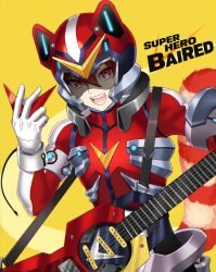 Rule 34 | 1boy, bai red (show by rock!!), character name, clothing request, gloves, guitar, helmet, highres, holding, holding instrument, instrument, long sleeves, looking at viewer, male focus, mel6969, open mouth, red eyes, red hair, red panda boy, red panda ears, red panda tail, short hair, show by rock!!, smile, solo, teeth, white gloves, yellow eyes