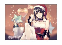 Rule 34 | 1girl, alcohol, balloon, bare shoulders, black gloves, black hair, blurry, bottle, bow, breasts, bucket, choker, christmas, closed mouth, collarbone, commentary request, crossed legs, cup, dress, earrings, elbow gloves, fate/grand order, fate (series), female focus, flower, flower earrings, fur-trimmed dress, fur trim, gloves, green eyes, hat, heart balloon, holding, holding bottle, holding cup, jewelry, jing ke (fate), katagiri (mighty swing), long hair, looking at viewer, ponytail, red flower, ribbon, santa costume, santa hat, sidelocks, sleeveless, smile, solo, sparkle, star balloon, whiskey