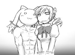Rule 34 | 10s, 1girl, :3, abs, bad id, bad pixiv id, bow, bowtie, closed mouth, drill hair, empty eyes, frown, greyscale, kyubey, magical girl, mahou shoujo madoka magica, mahou shoujo madoka magica (anime), monochrome, monster, muscular, o o, pointy ears, simple background, smile, tomoe mami, twin drills, wavy mouth, white background, yukimizu