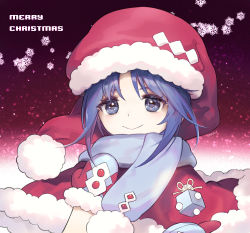 Rule 34 | 1girl, ainy, bad id, bad pixiv id, blue eyes, blue hair, blue scarf, capelet, christmas, cube, doremy sweet, fur-trimmed gloves, fur trim, gloves, hat, looking at viewer, matching hair/eyes, merry christmas, mittens, pom pom (clothes), purple background, red gloves, red hat, santa costume, santa hat, scarf, smile, snowflakes, solo, touhou, upper body