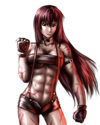 Rule 34 | 1girl, abs, alternate costume, arm strap, bandeau, black gloves, black hair, breasts, cleavage, clenched hands, collar, gloves, large breasts, long hair, m.u.g.e.n, muscle, muscular, muscular female, open fly, original, red eyes, scar, sendai hakurei no miko, short shorts, shorts, solo, strapless, suspenders, taikyokuturugi, touhou, tube top, underboob, unzipped, yin yang