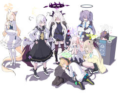 Rule 34 | 1boy, 6+girls, :&lt;, :d, ^ ^, absurdly long hair, ahoge, angry, animal ears, arm support, armband, arrow (symbol), azusa (blue archive), belt, black coat, black footwear, black gloves, black hair, black legwear, black skirt, blonde hair, blue archive, blush, blush stickers, boots, bow, brown hair, business suit, cat ears, cat girl, cat tail, closed eyes, coat, coat on shoulders, collared shirt, commentary request, crossed arms, demon girl, demon horns, demon wings, detached sleeves, dogeza, faceless, faceless female, fake animal ears, feathered wings, flower, forehead, formal, fox ears, fox girl, frilled skirt, frills, fur-trimmed coat, fur trim, gloves, grey eyes, hair bow, hair bun, hair flower, hair ornament, hair ribbon, hair scrunchie, hairband, hairclip, halo, hand on own hip, hands on own hips, headphones, heart, heart tail, high heels, highres, hina (blue archive), horns, jacket, knee boots, leaf, leaf on head, light brown hair, long hair, long sleeves, low-tied long hair, lying on person, mary janes, midori (blue archive), mika (blue archive), military, military uniform, miyu (blue archive), multiple girls, necktie, nonomi (blue archive), off shoulder, one side up, open mouth, pantyhose, parted bangs, peeking out, pencil skirt, pink hair, plaid, plaid skirt, pleated skirt, ponytail, purple eyes, purple hair, purple legwear, rabbit ears, recycle bin, red eyes, ribbon, school uniform, scrunchie, seia (blue archive), seiza, sensei (blue archive), serafuku, shaded face, shadow, shirt, shoes, short hair, short sleeves, side bun, sidelocks, simple background, single hair bun, single side bun, sitting, skirt, sleeves past wrists, smile, socks, squatting, standing, suit, tail, tail bow, tail ornament, tail ribbon, thighhighs, thighs, tonomiya68, tress ribbon, two side up, uniform, very long hair, white background, white coat, white footwear, white hair, white pantyhose, white wings, wide sleeves, wings, yuuka (blue archive), zettai ryouiki