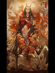 Rule 34 | 1girl, absurdly long hair, black hair, black kimono, clip studio paint (medium), commentary request, expressionless, flower, full body, highres, horns, japanese clothes, kimono, lily (flower), long hair, looking up, mask, nanahara shie, oni, oni mask, original, pale skin, red eyes, red kimono, skin-covered horns, solo, two-tone kimono, unworn mask, very long hair