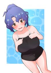 Rule 34 | antenna hair, bare arms, bare legs, bare shoulders, black one-piece swimsuit, blue hair, blush, border, breasts, collarbone, cowboy shot, dot nose, forehead, from above, full-face blush, hair between eyes, hands on own chest, highres, idolmaster, idolmaster million live!, idolmaster million live! theater days, large breasts, new school swimsuit, official alternate hairstyle, one-piece swimsuit, outside border, parted bangs, ponytail, school swimsuit, short hair, sidelocks, standing, swimsuit, tearing up, toyokawa fuka, wavy hair, wavy mouth, white border, yosson s