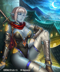 Rule 34 | 10s, 1girl, ankle boots, armor, bandages, blue eyes, blue skin, boots, bracer, breasts, choker, cleavage, colored skin, crescent moon, dark elf, elf, glowing, large breasts, leotard, lieqi hun, lips, moon, night, pointy ears, red scarf, scarf, shingeki no bahamut, solo, sword, tattoo, thighhighs, torn clothes, torn thighhighs, watermark, weapon, white hair