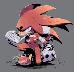 Rule 34 | 1boy, artist name, bandages, boots, dust, fang, furry, furry male, gareki sh, grey background, injury, jewelry, kneeling, knuckles the echidna, looking at viewer, male focus, multicolored fur, necklace, on one knee, pink hair, red fur, ring (sonic), rock, sharp teeth, signature, simple background, solo, sonic (series), teeth, torn clothes, white fur