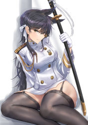 Rule 34 | 1girl, aiguillette, animal ears, atago (azur lane), azur lane, bad id, bad pixiv id, black hair, black thighhighs, breasts, brown eyes, buttons, closed mouth, commentary request, epaulettes, extra ears, garter belt, garter straps, gloves, hair ribbon, highres, holding, holding sword, holding weapon, katana, large breasts, legs, long hair, looking at viewer, medal, military, military uniform, mole, mole under eye, pencil skirt, ribbon, sitting, skirt, smile, solo, swept bangs, sword, thighhighs, thighs, uniform, weapon, white gloves, white ribbon, zombie mogura