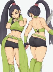 Rule 34 | 1girl, abs, ass, back, biceps, black hair, breasts, dragon quest, dragon quest xi, highres, large breasts, long hair, looking at viewer, martina (dq11), multiple views, muscular, muscular female, naginata, navel, polearm, ponytail, short shorts, shorts, simple background, solo, stomach, toned, turnaround, waist cape, weapon, white background, yoracrab