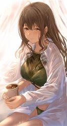 Rule 34 | 1girl, ahoge, alternate hairstyle, arm out of sleeve, bikini, bikini under clothes, blush, breasts, brown eyes, brown hair, cleavage, closed mouth, coffee, coffee mug, collared shirt, cowboy shot, cup, curtains, earrings, floral print, food-themed earrings, green bikini, hair between eyes, hair down, highres, holding, holding cup, idolmaster, idolmaster shiny colors, jewelry, kuwayama chiyuki, large breasts, long hair, long sleeves, looking at viewer, mug, open clothes, open shirt, print bikini, see-through, see-through cleavage, shirt, sidelocks, sitting, smile, solo, swimsuit, wet, wet clothes, wet hair, wet shirt, wet swimsuit, white background, white shirt, yatsuka (846)