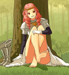 Rule 34 | 10s, 1girl, absurdres, barefoot, boots, unworn boots, chain chronicle, drill hair, feet, forest, grin, highres, juliana (chain chronicle), long hair, looking at viewer, nature, princess, red eyes, red hair, shoes, unworn shoes, sitting, smile, soles, tiara, toes, tree