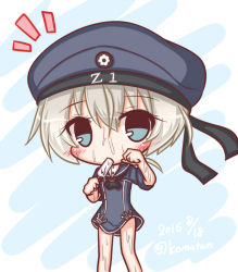 Rule 34 | 1girl, ascot, black ascot, black ribbon, blue dress, blue eyes, blue hat, blush, dated, dress, eating, food, food in mouth, hair between eyes, hat, head tilt, holding, holding food, hot, kantai collection, komakoma (magicaltale), looking at viewer, navy blue hat, peaked cap, popsicle, ribbon, sailor dress, short dress, short hair, short sleeves, silver hair, solo, sweat, twitter username, z1 leberecht maass (kancolle)