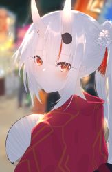 Rule 34 | 1girl, blurry, blurry background, blush, commentary request, depth of field, eyelashes, from behind, hand fan, high ponytail, highres, hinata (hinata-ur), hololive, horns, japanese clothes, kimono, long hair, looking at viewer, looking back, nakiri ayame, nape, night, night sky, oni, orange eyes, outdoors, pale skin, paper fan, ponytail, sidelocks, skin-covered horns, sky, solo, uchiwa, upper body, virtual youtuber, white hair, yukata
