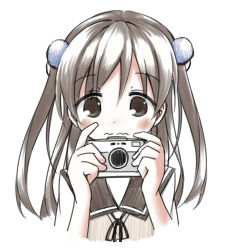Rule 34 | 1girl, ayanepuna, black ribbon, blush, brown eyes, brown hair, brown sailor collar, brown shirt, camera, closed mouth, hair between eyes, hair ornament, holding, holding camera, long hair, neck ribbon, original, pom pom (clothes), ribbon, sailor collar, shirt, simple background, solo, two side up, wavy mouth, white background