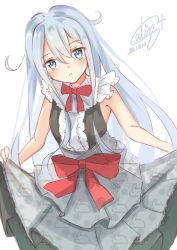 Rule 34 | 1girl, blue eyes, calin, cowboy shot, dated, dress, frilled dress, frills, grey dress, hibiki (kancolle), highres, kantai collection, long hair, looking at viewer, one-hour drawing challenge, parted lips, signature, silver hair, simple background, skirt hold, sleeveless, sleeveless dress, solo, white background