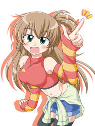 Rule 34 | 1girl, bare shoulders, black thighhighs, breasts, brown hair, clothes around waist, detached sleeves, green eyes, idolmaster, jewelry, large breasts, long hair, midriff, necklace, open mouth, sakurai yumeko, shorts, side ponytail, smile, solo, star (symbol), striped, sweater, sweater around waist, thighhighs, wagomu17